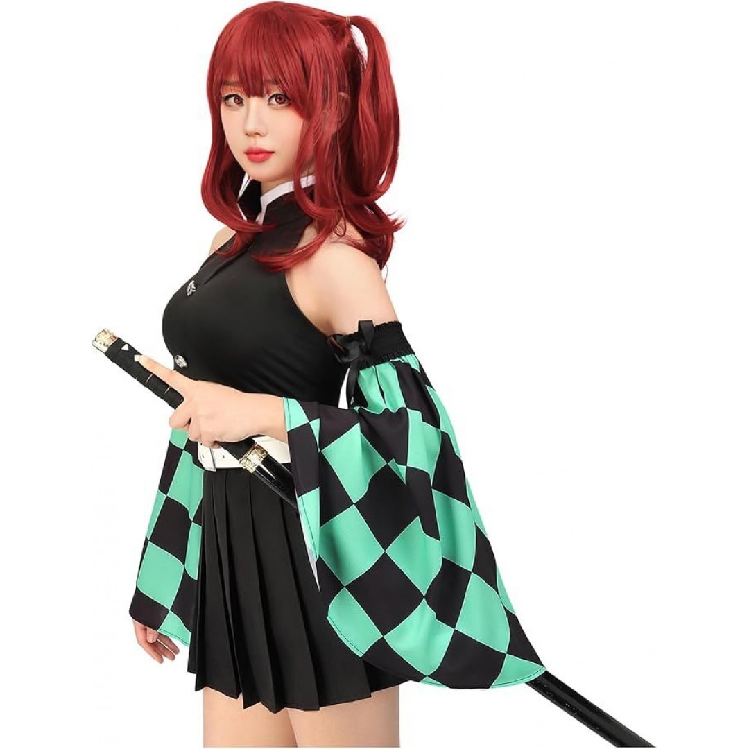 Kamado Tanjirou Cosplay Women Costume Top Pleated Skirt Detachable Sleeves with Belt