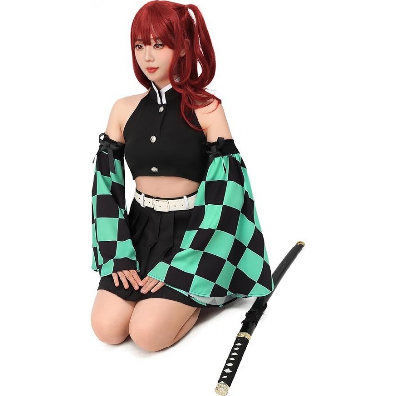 Kamado Tanjirou Cosplay Women Costume Top Pleated Skirt Detachable Sleeves with Belt