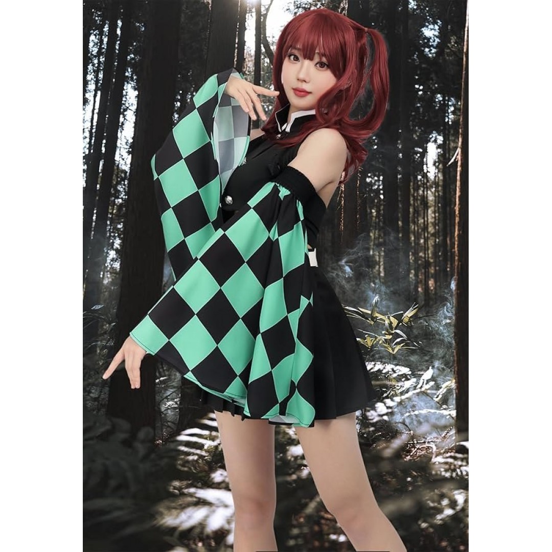 Kamado Tanjirou Cosplay Women Costume Top Pleated Skirt Detachable Sleeves with Belt