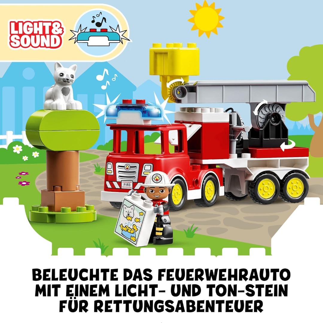 LEGO 10969 DUPLO Town Feuerwehrauto Spielzeug, Lernspielzeug für Kleinkinder ab 2 Jahren, Set mit Blaulicht und Martinshorn, Feuerwehrmann und Katze, für Mädchen und Jungen LEGO 10969 DUPLO Town Feuerwehrauto Spielzeug, Lernspielzeug für Kleinkinder ab 2 Jahren, Set mit Blaulicht und Martinshorn, Feuerwehrmann und Katze, für Mädchen und Jungen