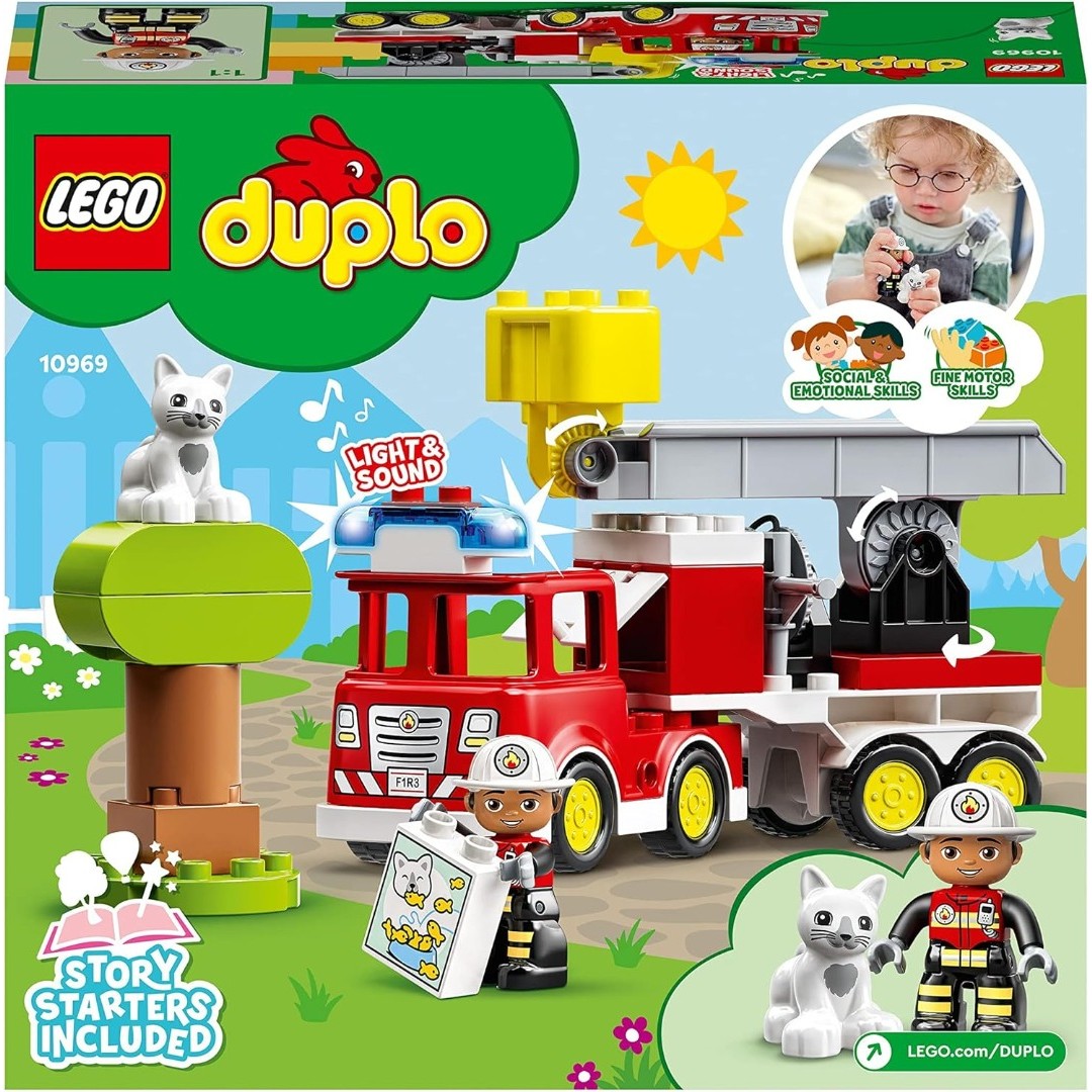 LEGO 10969 DUPLO Town Feuerwehrauto Spielzeug, Lernspielzeug für Kleinkinder ab 2 Jahren, Set mit Blaulicht und Martinshorn, Feuerwehrmann und Katze, für Mädchen und Jungen LEGO 10969 DUPLO Town Feuerwehrauto Spielzeug, Lernspielzeug für Kleinkinder ab 2 Jahren, Set mit Blaulicht und Martinshorn, Feuerwehrmann und Katze, für Mädchen und Jungen