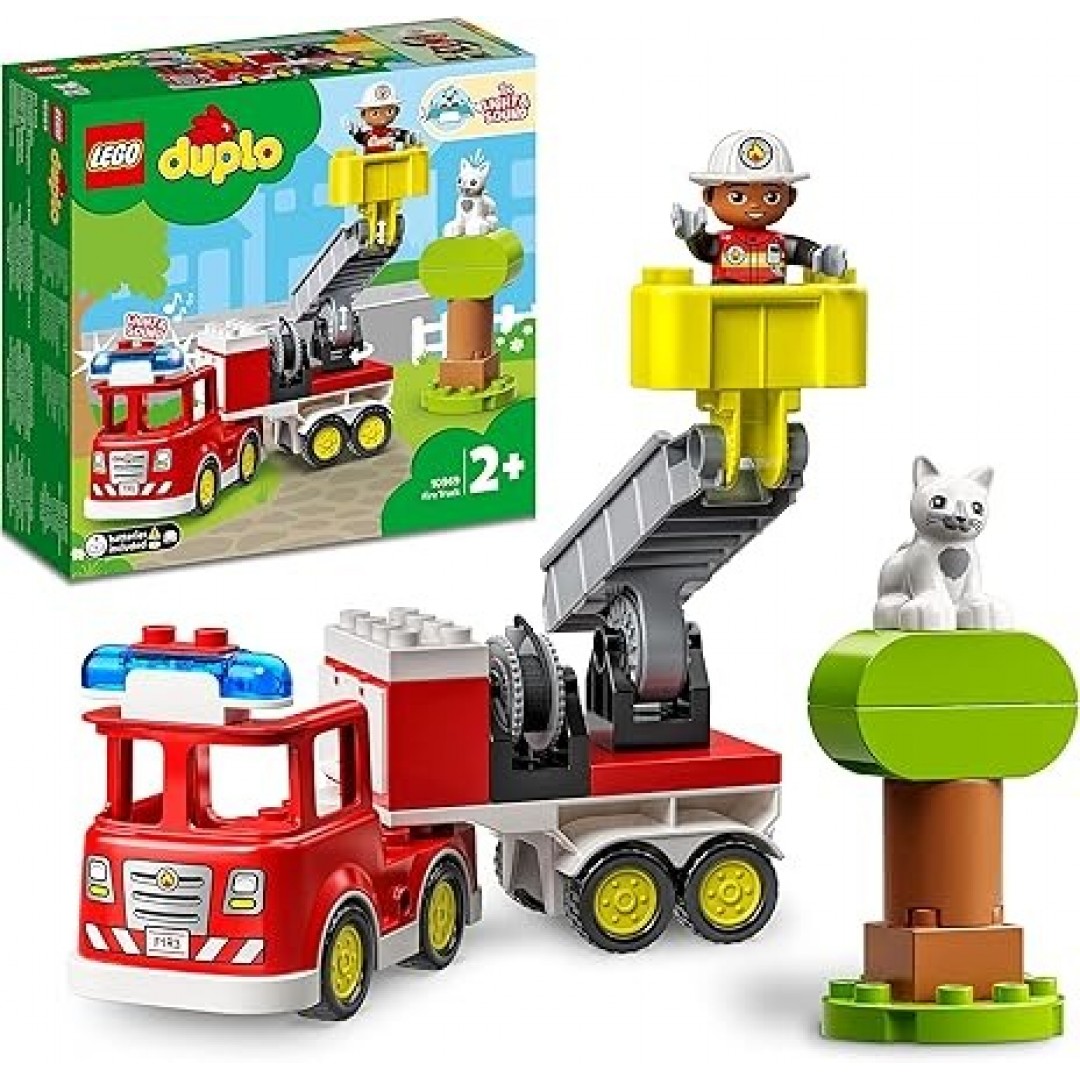 LEGO 10969 DUPLO Town Feuerwehrauto Spielzeug, Lernspielzeug für Kleinkinder ab 2 Jahren, Set mit Blaulicht und Martinshorn, Feuerwehrmann und Katze, für Mädchen und Jungen LEGO 10969 DUPLO Town Feuerwehrauto Spielzeug, Lernspielzeug für Kleinkinder ab 2 Jahren, Set mit Blaulicht und Martinshorn, Feuerwehrmann und Katze, für Mädchen und Jungen