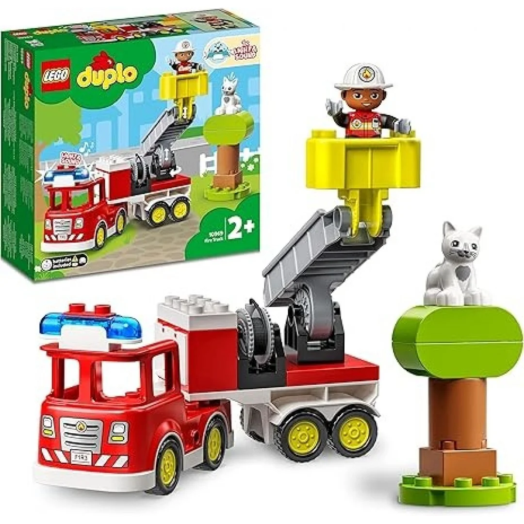 LEGO 10969 DUPLO Town Feuerwehrauto Spielzeug, Lernspielzeug für Kleinkinder ab 2 Jahren, Set mit Blaulicht und Martinshorn, Feuerwehrmann und Katze, für Mädchen und Jungen LEGO 10969 DUPLO Town Feuerwehrauto Spielzeug, Lernspielzeug für Kleinkinder ab 2 Jahren, Set mit Blaulicht und Martinshorn, Feuerwehrmann und Katze, für Mädchen und Jungen