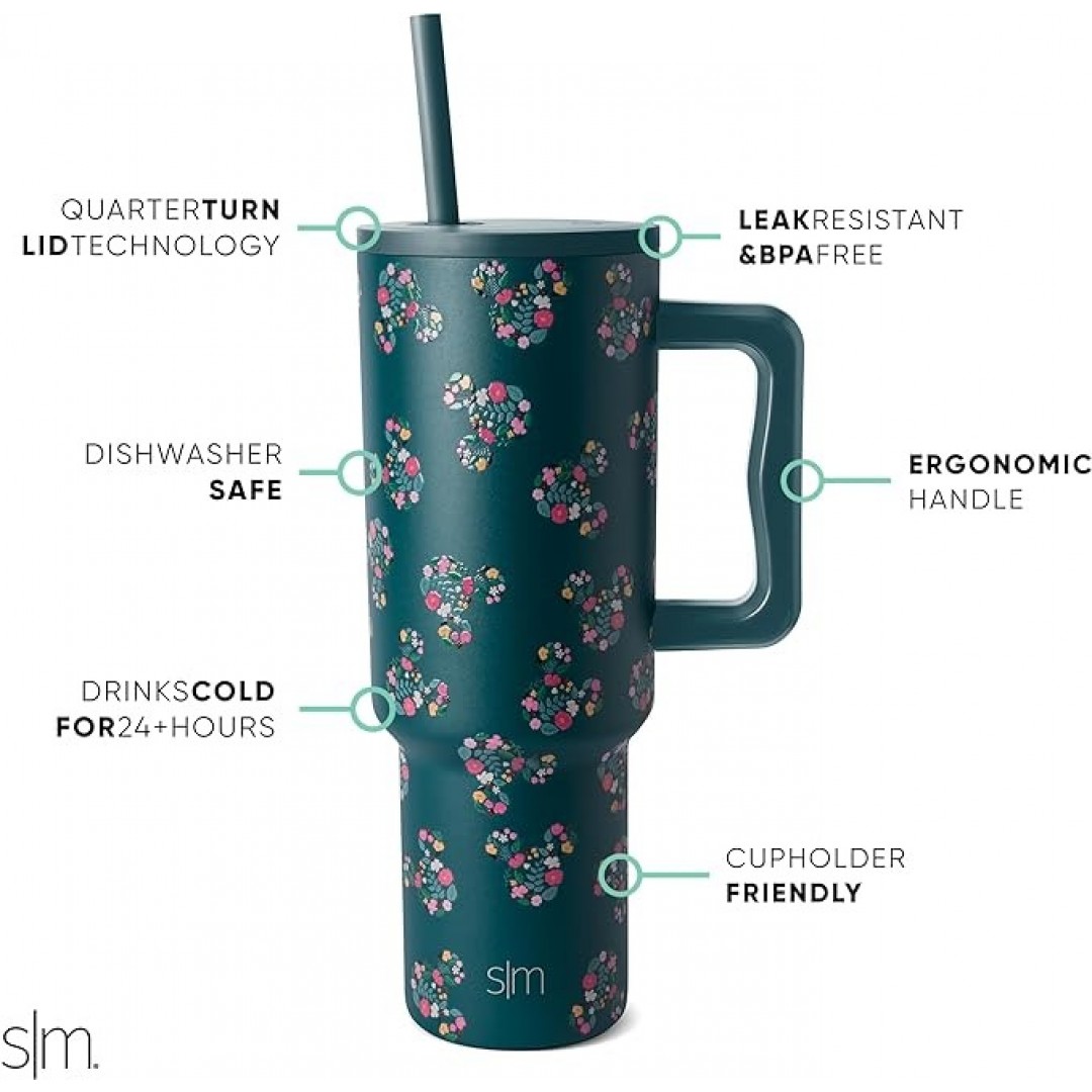 Disney drinking mug with handle and straw lid, insulated, reusable stainless steel travel mug, gifts for women and her, Trek collection, 1.2 l, Mickey Mouse Floral Riptide