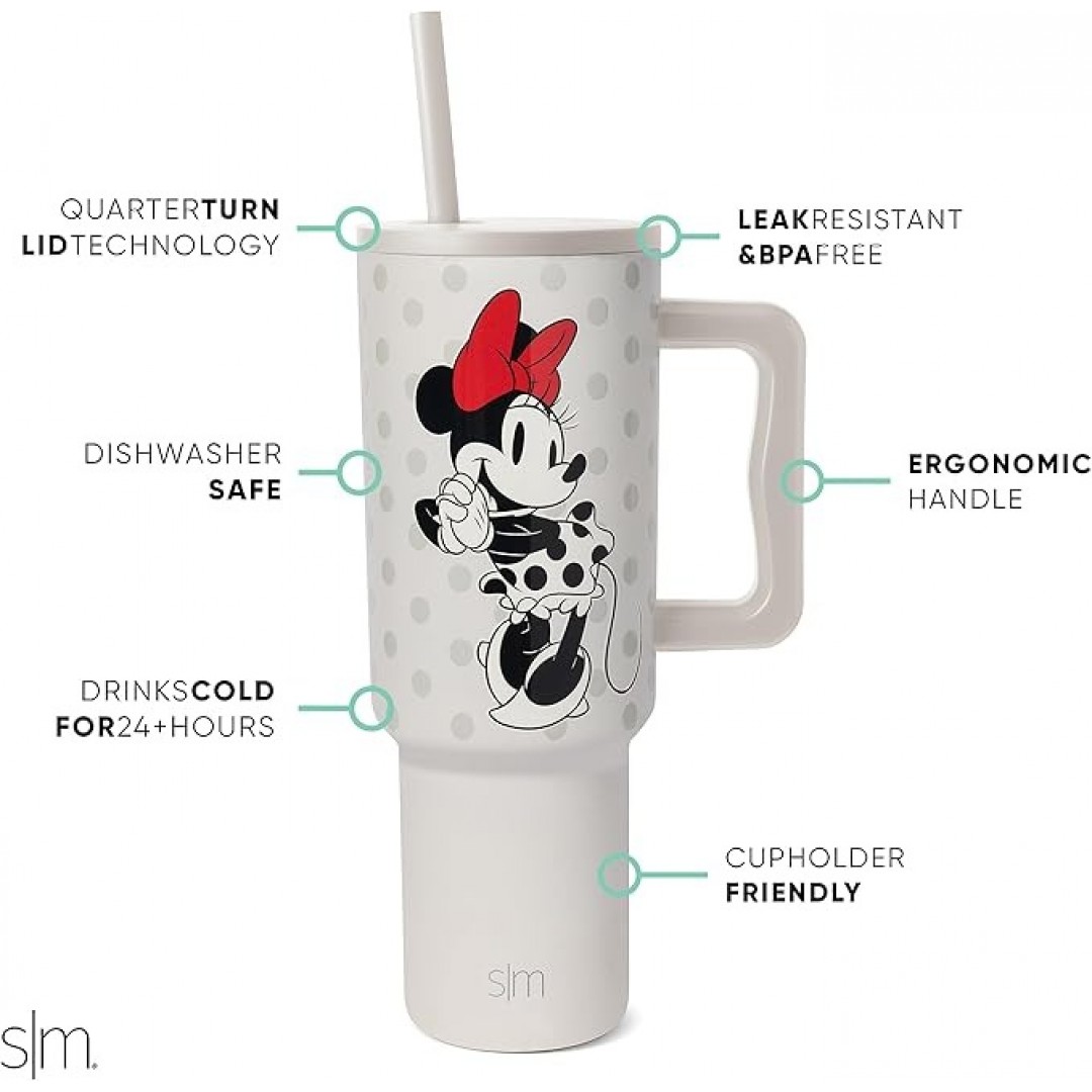 Disney Trinkbecher mit Griff und Strohhalm-Deckel, isolierter, wiederverwendbarer Edelstahl-Reisebecher, Geschenke für Damen, Herren, Ihn, sie, Trek-Kollektion, 1,2 l, Minnie Mouse Love