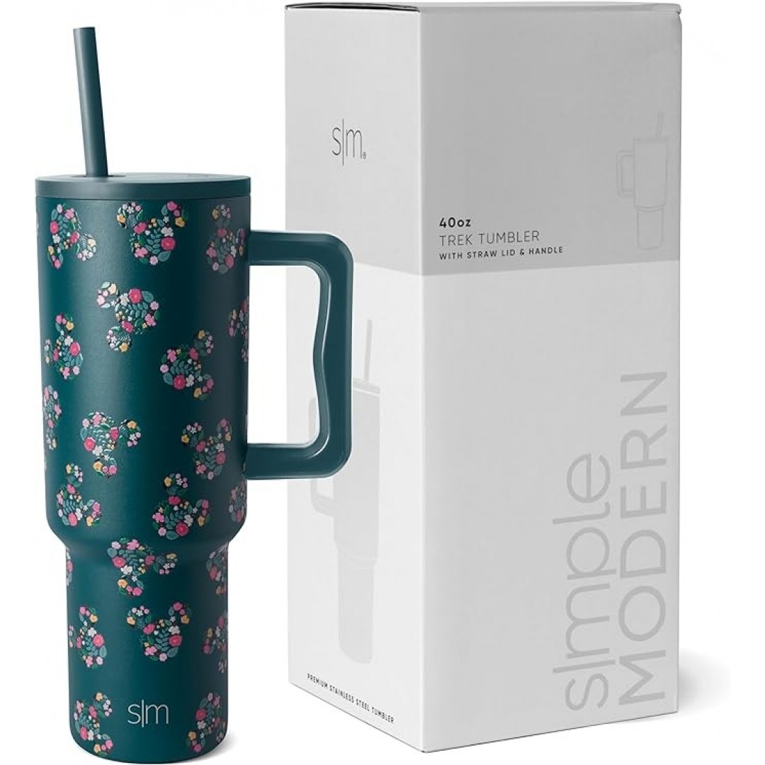 Disney drinking mug with handle and straw lid, insulated, reusable stainless steel travel mug, gifts for women and her, Trek collection, 1.2 l, Mickey Mouse Floral Riptide