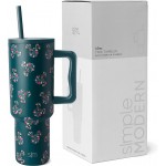 Disney drinking mug with handle and straw lid, insulated, reusable stainless steel travel mug, gifts for women and her, Trek collection, 1.2 l, Mickey Mouse Floral Riptide