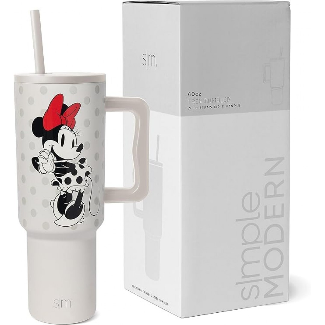 Disney Trinkbecher mit Griff und Strohhalm-Deckel, isolierter, wiederverwendbarer Edelstahl-Reisebecher, Geschenke für Damen, Herren, Ihn, sie, Trek-Kollektion, 1,2 l, Minnie Mouse Love