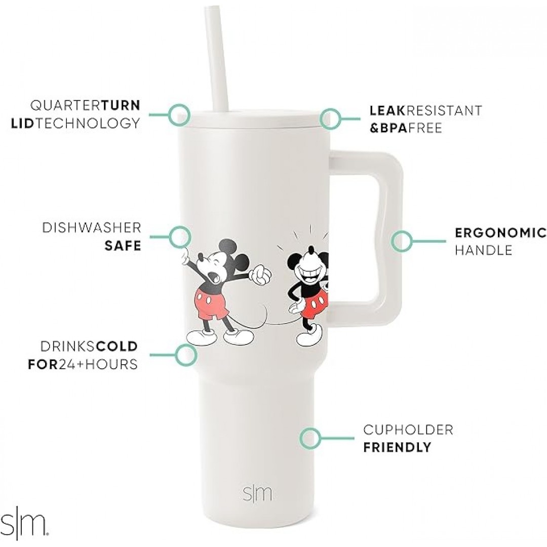 Disney Trinkbecher mit Griff und Strohhalm-Deckel, isolierter, wiederverwendbarer Edelstahl-Reisebecher, Geschenke für Damen, Herren, Ihn, sie, Trek-Kollektion, 1,2 l, Mickey Mouse