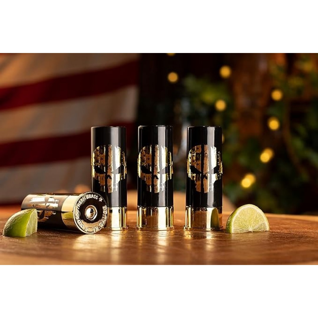 Patriotic Shot Glasses with American Flag and Punisher Design – Set of 4, Perfect Gift Idea for Men