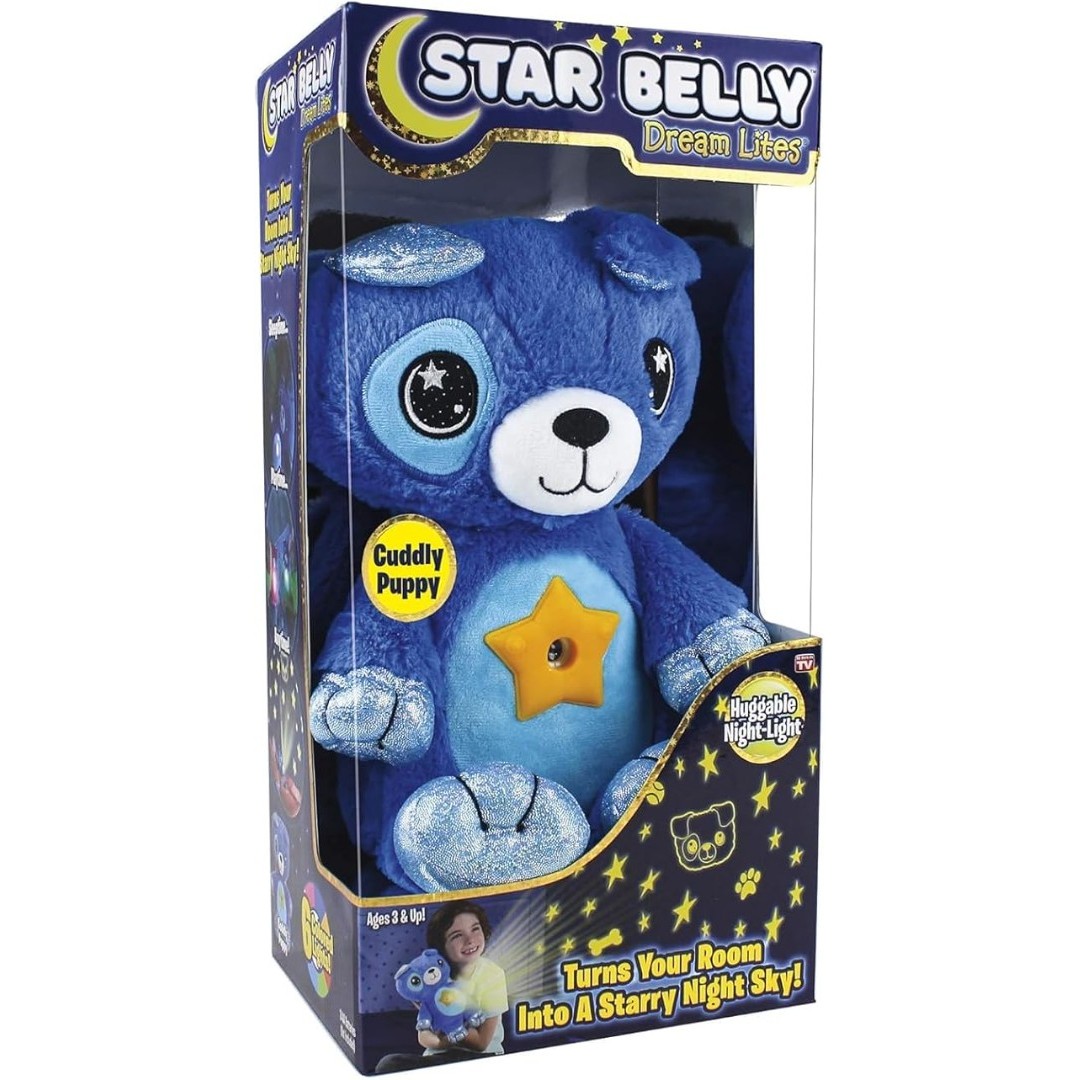 Star Belly Dream Lites, soft toy night light, cuddly blue puppy, projects glowing stars and shapes in 6 soft colors, known from television