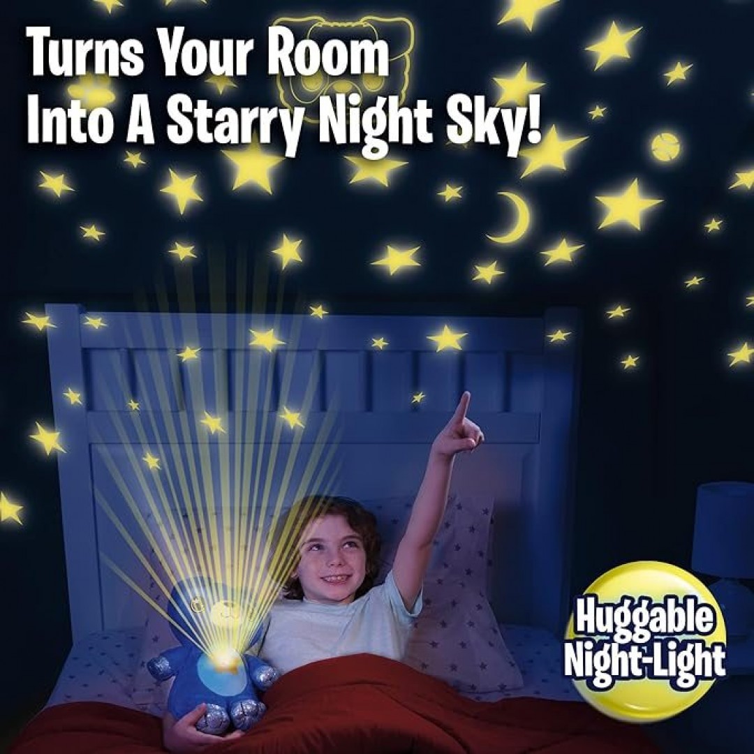 Star Belly Dream Lites, soft toy night light, cuddly blue puppy, projects glowing stars and shapes in 6 soft colors, known from television