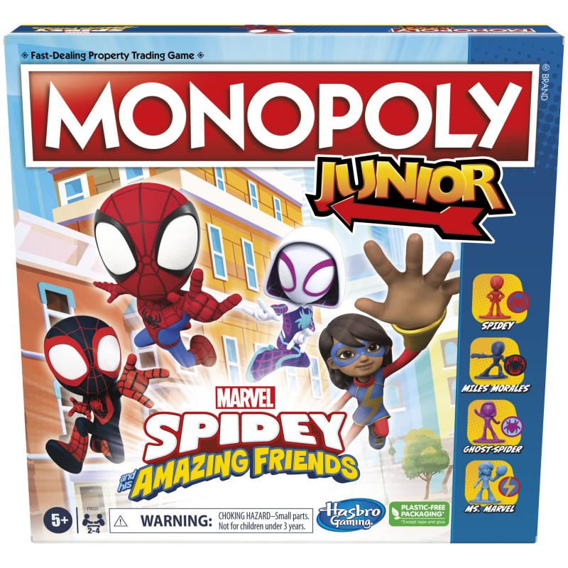 Hasbro Gaming Monopoly Junior: Marvel Spidey und seine Amazing Friends Edition -Brettspiel für Kinder ab 5 Jahren mit Kunstwerken aus der Animationsserie, Kinderbrettspiele