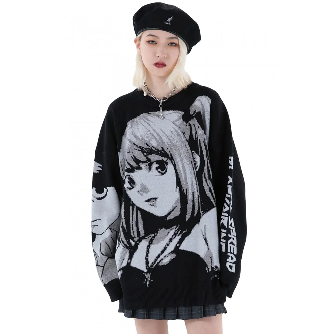 Anime Girl Figur Pullover Grafik Langarm übergroße Strickwege Sweatshirt Unisex 3D